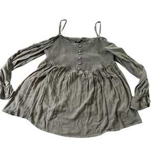 Torrid Brown Smocked Long Sleeve Blouse Lagenlook Cold Shoulder Size 1X